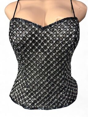 Black Sequin Mesh Bustier Top